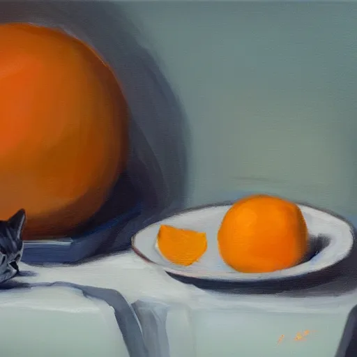 Prompt: a cat pondering oranges on a table, oil on canvas, artstationm digital art