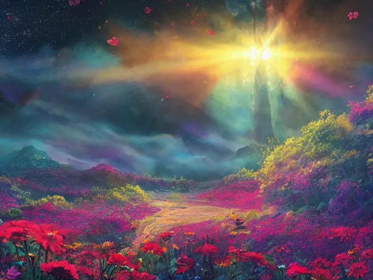 Image similar to a fine fantastic realist comic book style painting of a glorious place where the heavens open to the great cosmos, where flowers are launched into the unknown 8 k, ultra realistic, lens flare, atmosphere, glow, detailed, intricate, full of colour, cinematic lighting, trending on artstation, 4 k, hyperrealistic, focused, extreme details, unreal engine 5, cinematic, masterpiece