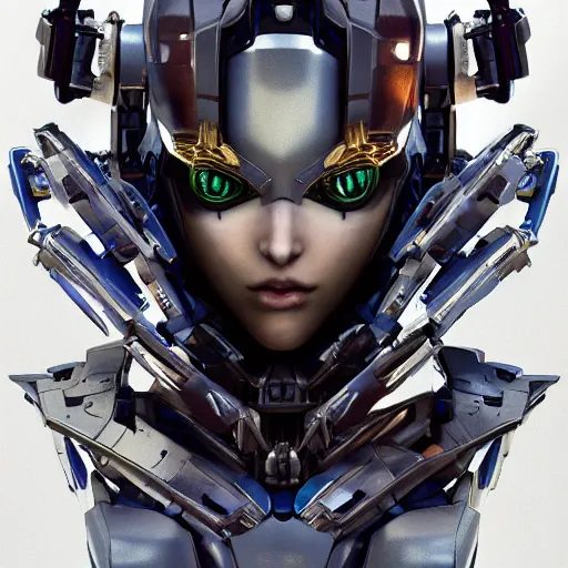 Image similar to a female transfoming mecha, very symmetrical face, highly detailed, nanogirl, nanogirlv 2, by vitaly bulgarov, by yoji shinkawa, by joss nizzi, by shoji kawamori, metal gear solid, transformers cinematic universe, deviantart, artstation, unreal engine