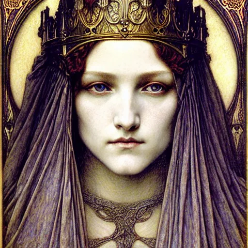 Image similar to detailed realistic beautiful young medieval queen face portrait by jean delville, gustave dore and marco mazzoni, art nouveau, symbolist, visionary, gothic, pre - raphaelite. horizontal symmetry