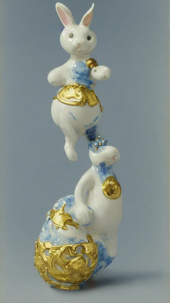 Image similar to a porcelain blue rabbit with a golden details have a japanese pipe painted by john singer sargent