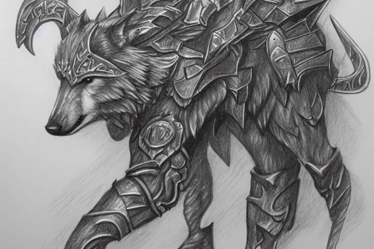 Image similar to a pencil drawing of a wolf, full body, D&D, armor, made by by Pen Tacula