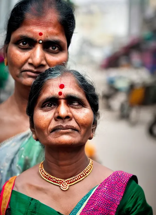 Prompt: portrait Mid-shot of an Indian woman, candid street portrait in the style of Martin Schoeller award winning