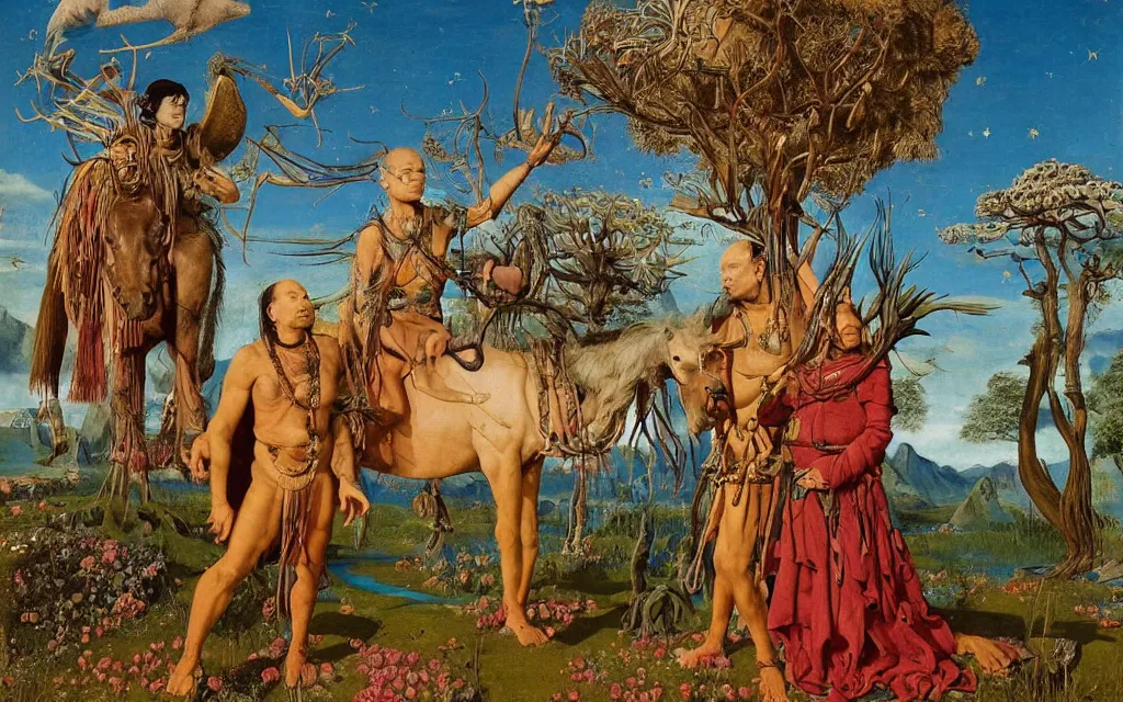 Image similar to a portrait photograph of a meditating shaman and a centaur monk riding a vulture and hunting at a river delta. surrounded by bulbous flowers and trees. mountain range under a blue sky of fiery stars. by jan van eyck, max ernst, ernst haeckel, ernst fuchs and artgerm, cgsociety, fashion editorial, 8 k