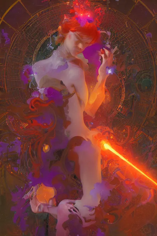 Prompt: she dreams of arcs of purple flame intertwined with glowing sparks, glinting particles of ice, dramatic lighting, steampunk, bright neon, secret holographic cyphers, red flowers, solar flares, high contrast, smooth, sharp focus, art nouveau, painting by ruan jia and greg rutkowski and Alphonse Mucha