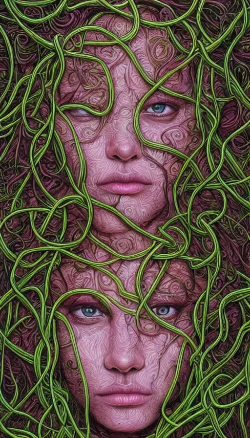 Image similar to very detailed portrait of a 2 0 years old girl surrounded by tentacles, the youg woman visage is blooming from fractal and vines, by alex grey,