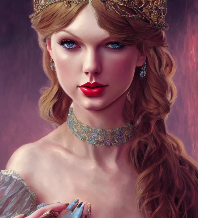 Prompt: portrait of taylor swift as a young beautiful female princess, d & d, baroque dress, elegant, flat lighting, intricate, highly detailed, digital painting, artstation, concept art, smooth, sharp focus, illustration, closeup, misa amane, art by simon bisley and greg rutkowski and alphonse mucha, novel cover