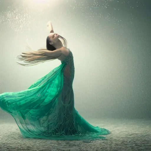 Prompt: a beautiful woman with long hair dancing underwater wearing a very long flowing dress made of many translucent filigreed layers of silver and green lace seaweed, gentle ocean waves above cause the flicker of caustics lighting on the soft sandy bottom, bubbles flicker with large translucent silver swirling shapes in the background, octane render, cinematic, hyperdetailed