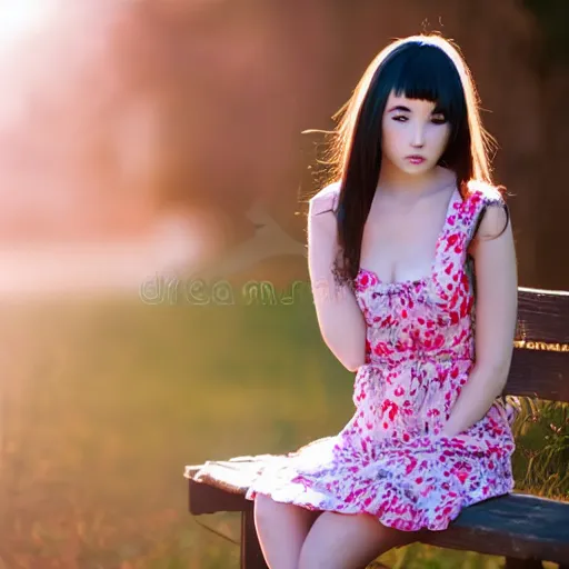 Image similar to kerli koiv young female model sitting on bench photography sun dress beautiful face and body, dramatic light 8 0 mm camera