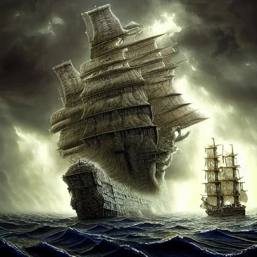 Image similar to the voyage of life, storm on the sea of galilee, huge clouds in the form of a dendritic cthulhu, an epic pirate ship, dappled silver lighting, atmospheric, highly detailed, by igor morski, jacek yerka, alexander jansson, james christensen, tomek setowski