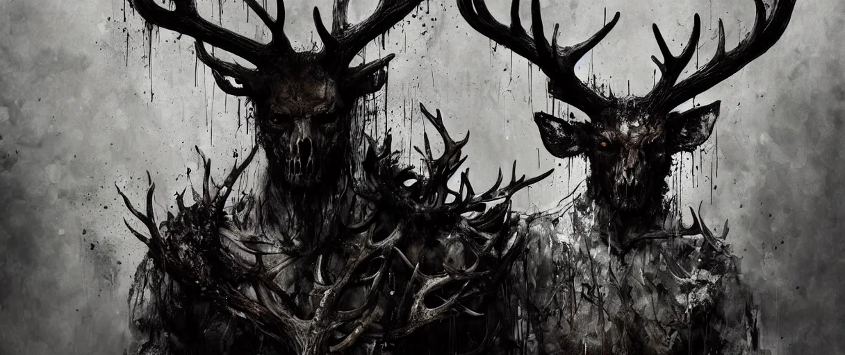 Prompt: portrait of leshen with deer skull and antlers from witcher 3 by emil melmoth zdzislaw beksinki craig mullins yoji shinkawa realistic render ominous detailed photo atmospheric by jeremy mann francis bacon and agnes cecile ink drips paint smears digital glitches glitchart