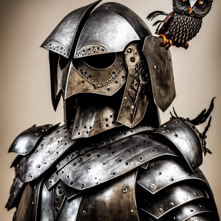 Image similar to portrait photograph of a warrior with metal owl armour. Extremely detailed. 8k