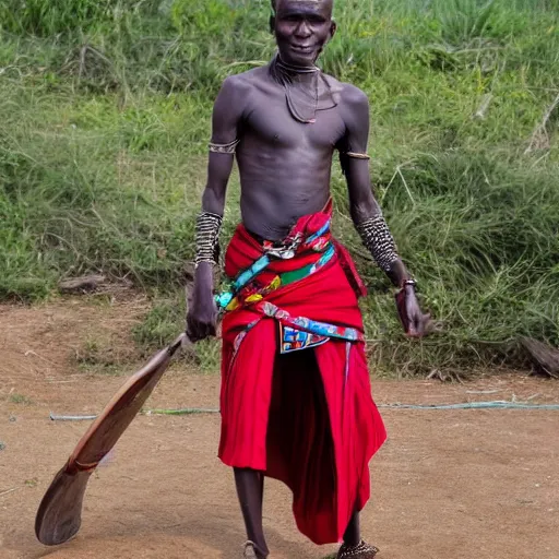 Image similar to a masai warrior with an ironing board for a shield