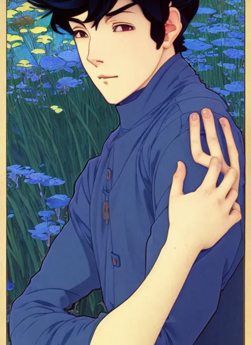 Image similar to handsome young man with short black hair, male, dressed in blue, looking down, half body shot, arms down, path traced, highly detailed, high quality, digital painting, by studio ghibli and alphonse mucha, hidari, art nouveau, chiho aoshima, posuka demizu, atey ghailan