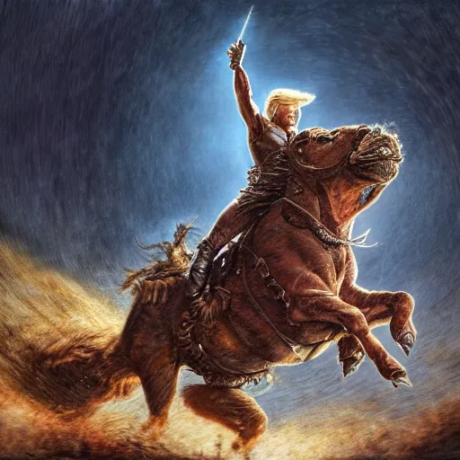 Prompt: hyperrealistic mixed media painting of Trump riding a Boar, stunning 3d render inspired art by P. Craig Russell and Barry Windsor-Smith, 8k octane beautifully detailed render, post-processing, extremely hyperdetailed, intricate, epic composition, grim yet sparkling atmosphere, cinematic lighting + masterpiece, trending on artstation, very detailed, masterpiece, stunning