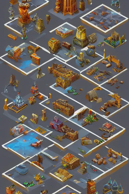 Prompt: different isometric props by the artist Alexey Druzhkov Rendering six different isometric game assets on items, magic, buildings, full of details, by pinterest and game asset pack , matte painting, , trending on artstation