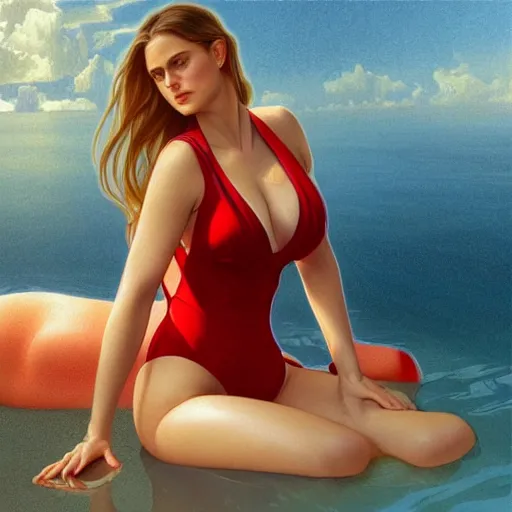 Image similar to ultra realistic illustration, alicia silverstone wearing a red v - neck one - piece swimsuit, intricate, elegant, highly detailed, digital painting, artstation, concept art, smooth, sharp focus, illustration, art by artgerm and greg rutkowski and alphonse mucha