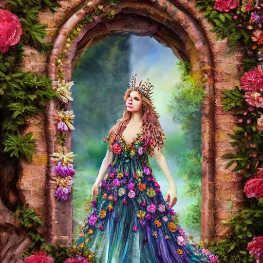 Image similar to Queen of the Fae wearing a crown of flowers and brocaded sleeveless gown, character portrait, inside, archways, intricate brickwork, highly detailed, colorful, hyper realism, 4k