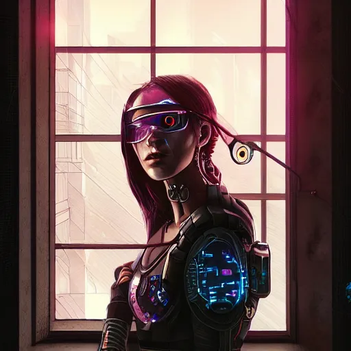 Image similar to portrait of cyberpunk woman looking out of a window, cyberpunk setting, futuristic, highly detailed, intricate lighting, digital painting, sharp focus, illustration, trending on artstation, art by ross tran.