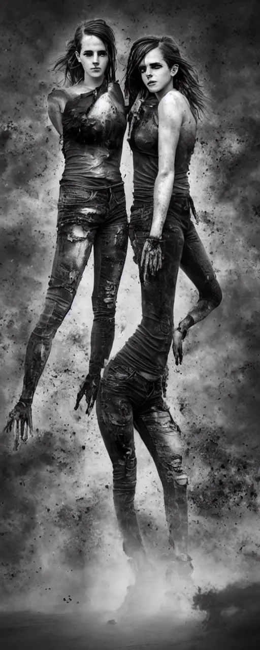 Prompt: twin sisters Emma Watson action poses dishevelled photorealistic portrait grimy sweating wet face dirty t-shirt and torn jeans in broken biomechanical fractal armour abandoned exploding sci-fi gas station, dark and dim atmospheric smog trending on artstation 8k matte painting, dramatic lighting, dramatic shadows professional photograph by Herb Ritts