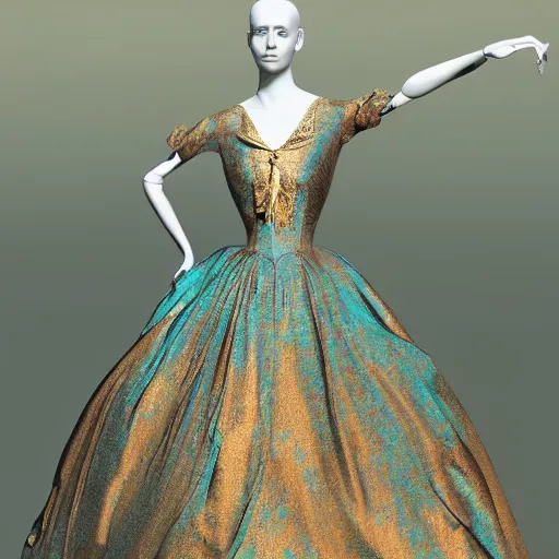 Image similar to victorian era turquoise dress on a manikin, trafalgar dress shop, ambient lighting, cinematic quality, high octane, vray render, subsurface scatter, drum scanner intricate complexity, golden ratio, kojima, amano, charlie bowater museum piece, fine art