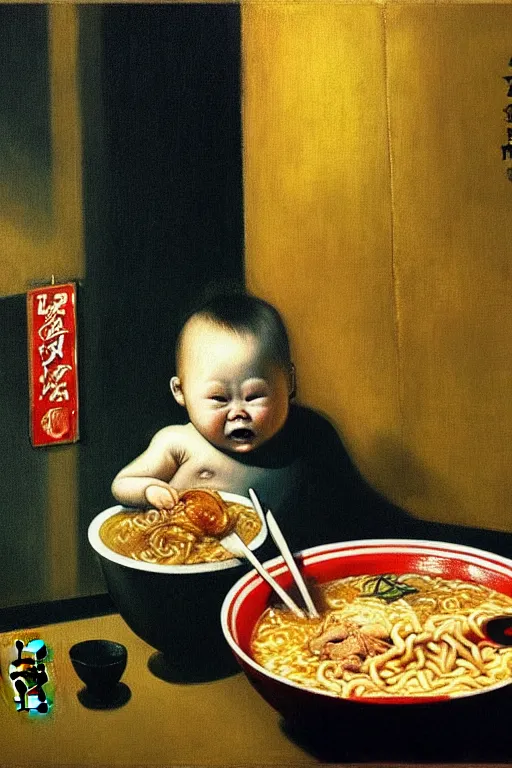 Prompt: evil human giant baby eating a huge bowl of ramen in new york city, traditional chinese restaurant, hauntingly surreal, highly detailed painting by francis bacon, edward hopper, adrian ghenie, gerhard richter, and james jean soft light 4 k,