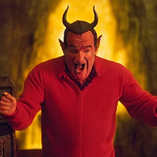 Image similar to robin williams makes the devil laugh, sinister lair, creepy hellscape, the devil os played by bill murray, saturated red skin, horns, photo