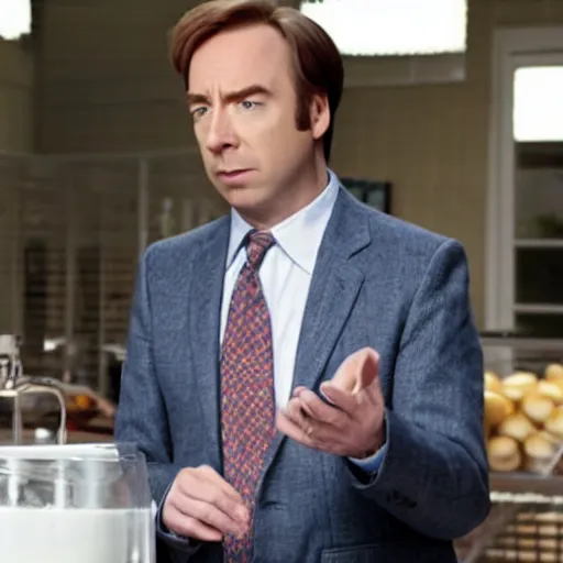 Prompt: jimmy mcgill aka saul goodman attempting to sell you milk