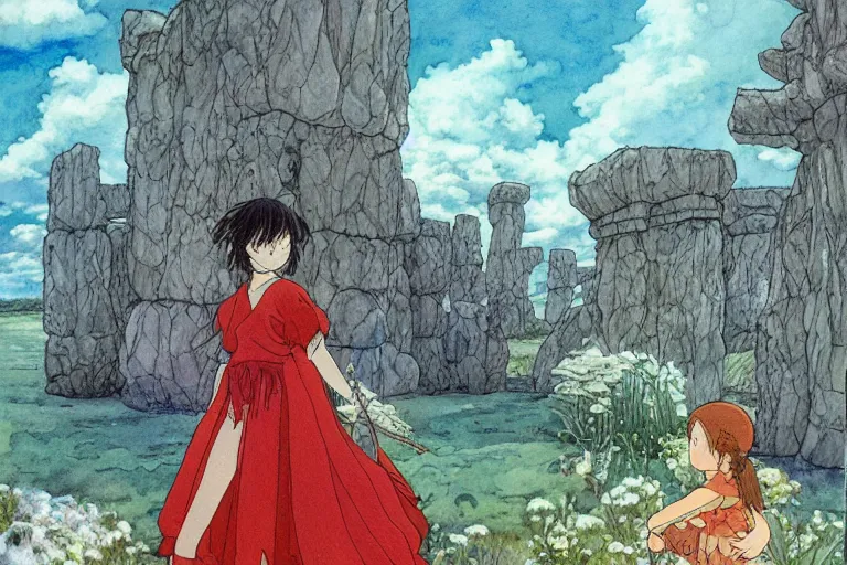 Prompt: a hyperrealist studio ghibli watercolor fantasy concept art. in the foreground is a lost princess in a red dress. in the background is stonehenge. the scene is underwater on the sea floor. by rebecca guay, michael kaluta, charles vess