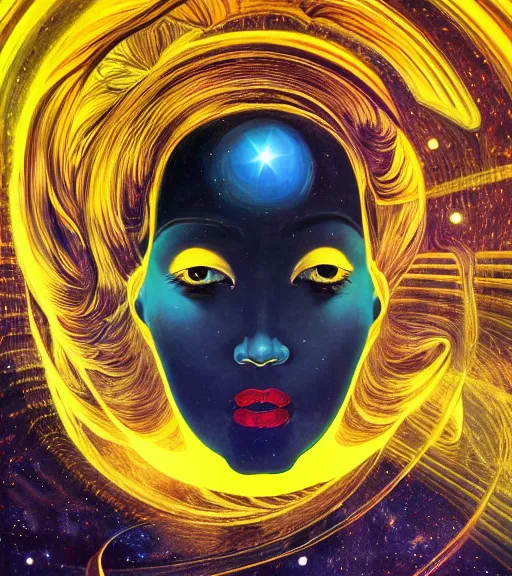 Prompt: a golden woman 2/3 portrait, in space, head breaking apart and spiraling geometry into the sky upwards, 3 point perspective, lazer beaming down to top of her head, by james jean, by frank frazetta, by roger dean, by syd mead artgerm, XF IQ4, f/1.4, ISO 200, 1/160s, 8K, RAW, featured in artstation, octane render, cinematic, elegant, intricate, 8k