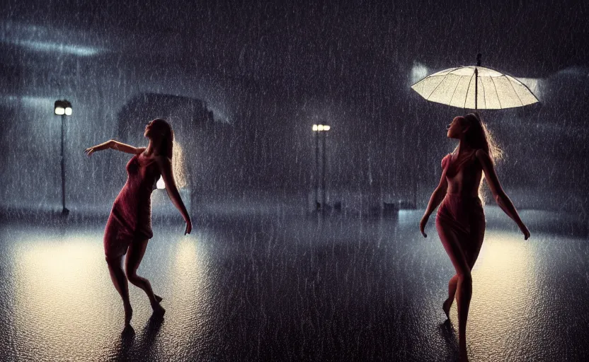 Image similar to a hyperdetailed photorealistic beautiful woman dancing in a thunderstorm, rain, global illumination, volumetric lighting, cinematic framing, cinematic lighting, cinematic shadows, in the style of 2 0 2 2