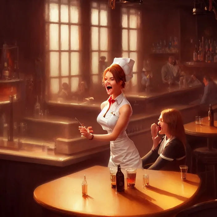 Image similar to a waitress singing on a table in a bar, elegant, real life skin, intricate artwork, high detailed, artstation, concept art, smooth, sharp focus, art by artgerm and greg rutkowski