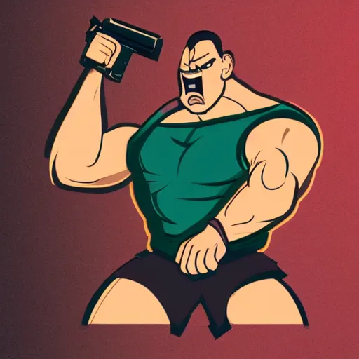 Prompt: cartoon muscular man, angry holding a oversized gun