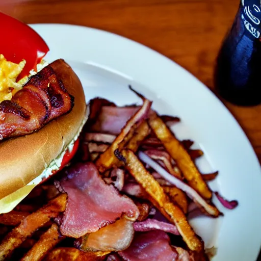 Image similar to bacon bacon burger bacon soda bacon fries, award winning food photography