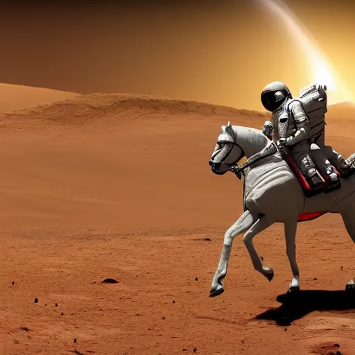 Image similar to A astronaut riding a horse on Mars, photorealistic, 4K