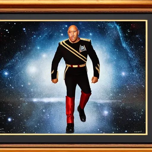 Image similar to a full body portrait of the rock as a star fleet officer from star trek next generation dressed in full uniform, ultra rendered extreme realism and detail, 8 k, highly detailed, realistic, completely framed, hyper realistic, colorful, direct lighting, 3 5 mm photo, photorealistic, sharp focus