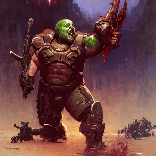 Prompt: Danny DeVito Doom Slayer, knee deep in the dead, by gaston bussiere, craig mullins, Simon Bisley