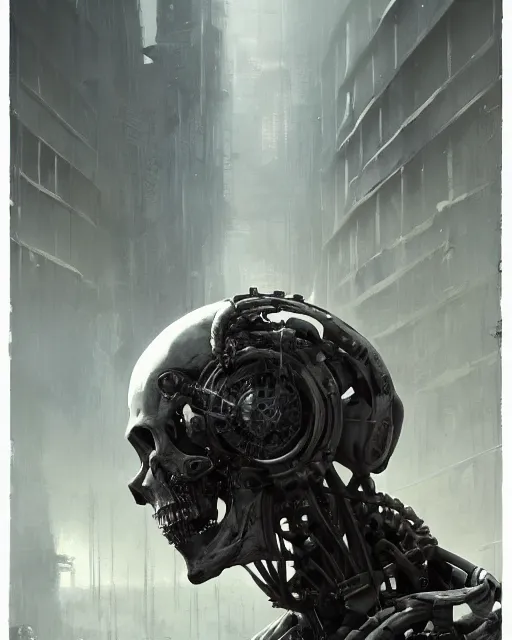 Image similar to skeleton with cybernetic enhancements with some flesh as seen from a distance, scifi character portrait by greg rutkowski, esuthio, craig mullins, 1 / 4 headshot, cinematic lighting, dystopian scifi gear, gloomy, profile picture, mechanical, half robot, implants, solarpunk