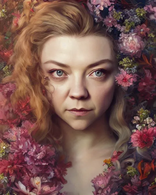 Prompt: portrait of natalie dormer, surrounded by flowers by karol bak, james jean, tom bagshaw, rococo, sharp focus, trending on artstation, cinematic lighting, hyper realism, octane render, 8 k, hyper detailed.