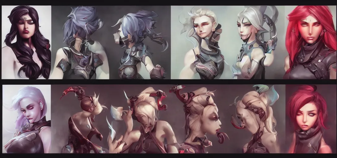 Prompt: concept art of female video game characters head designs, demonic, unique hairstyles, overwatch by marc brunet and artgerm