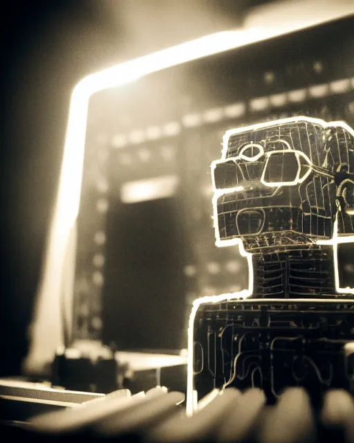 Prompt: photo portrait of modular synth rack and kraftwerk puppet closeup documentary movie trending on artstation Flickr depth of field cinematic lens flare backlit smoke detailed