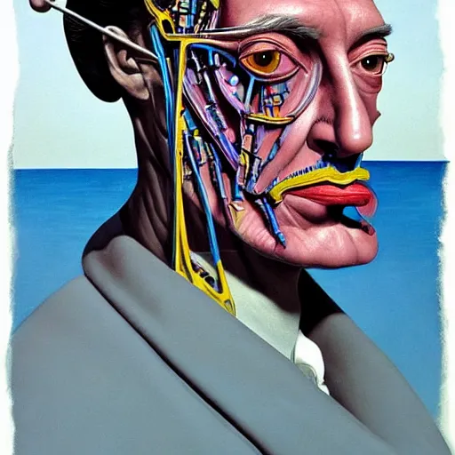 Image similar to Salvador dali portrait half face robot,highly detailed, very coherent, painted by Francis Bacon and Edward Hopper, Wayne Barlowe, painted by James Gilleard, surrealism, airbrush, art by JamesJean