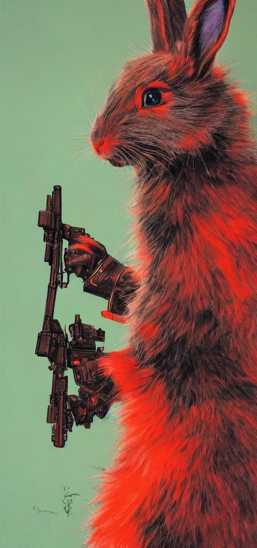 Image similar to portrait of neon fur rabbit with red eyes and a machine gun , 8k, highly detailed, sharp, realistic, in style of Brom