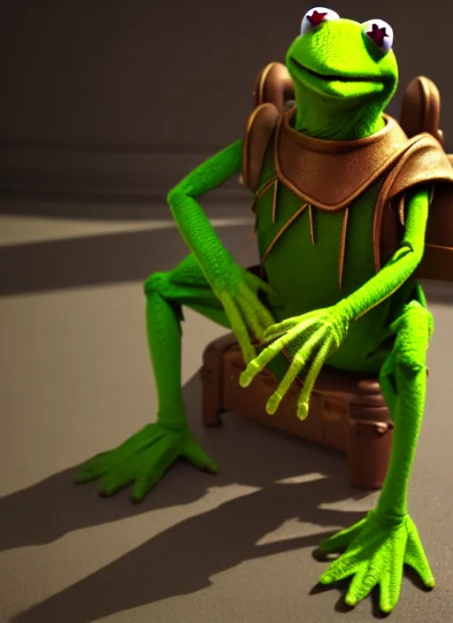 Image similar to kermit the frog in t - 4 5 power armor, fallour 4 ps 5 screen shot, octane render, cinematic lighting, sharp detail, 5 k