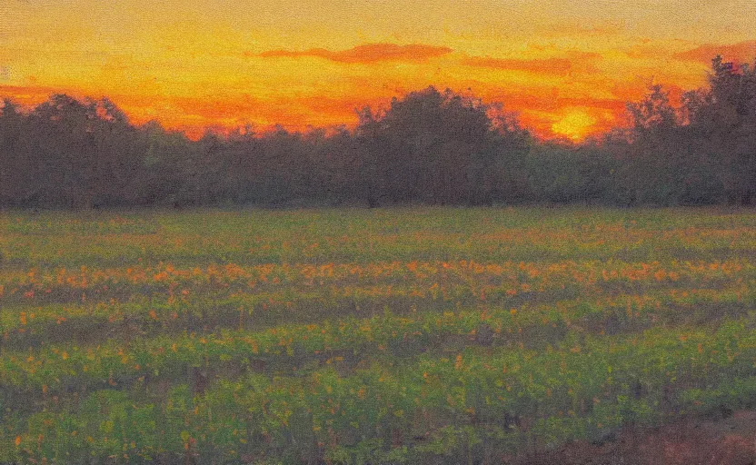 Prompt: rows of an orchard at sunset, impressionist painting, oil on canvas, golden hour, beautiful lighting