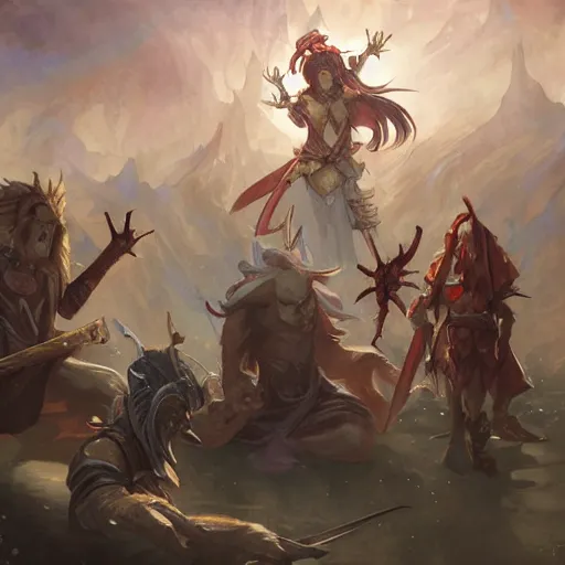 Image similar to dungeons and dragons fantasy painting, chaos and conflict, finger pointing and angry gestures, allies who long spoke in one voice now squabble over petty differences leaders in different styles of dress gesturing angrily across a council table, anime inspired by krenz cushart, evening lighting, by brian froud jessica rossier and greg rutkowski