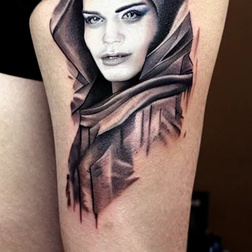 Image similar to realistic tattoo sketch of kate kuray face double exposure with a mountain scenery, in the style of matteo pasqualin, amazing detail, sharp