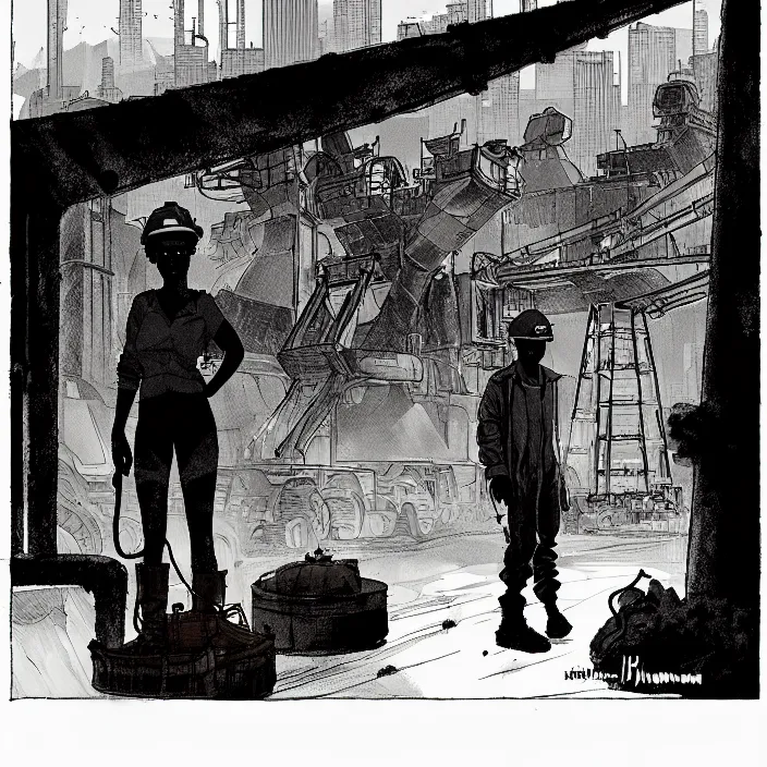 Prompt: elisabeth biyundar as a miner waits in a queue. outside a coal mine. storyboard, scifi cyberpunk. by gabriel hardman, joe alves, chris bonura. cinematic atmosphere, detailed and intricate, perfect anatomy