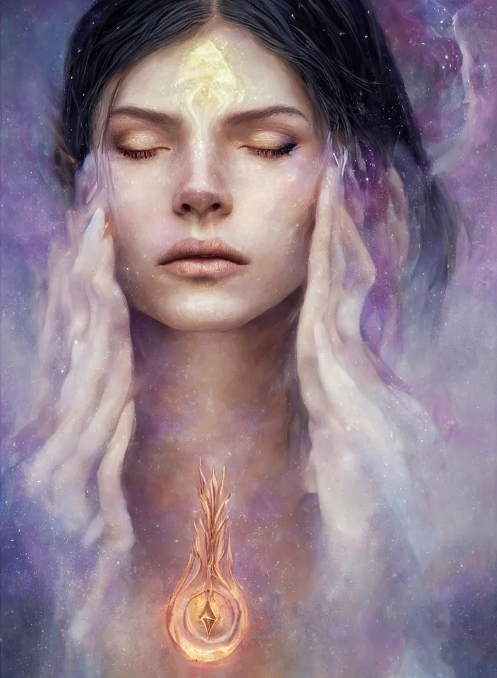 Image similar to a face portrait of a beautiful sorceress from skyrim casting a healing spell, fantasy setting, young face, serene colors, soft lighting, atmospheric, cinematic, moody, in the style of diego koi, gina heyer, luiz escanuela, art by alyssa monk, hyperrealism, rule of thirds, golden ratio, oil on canvas, 8 k