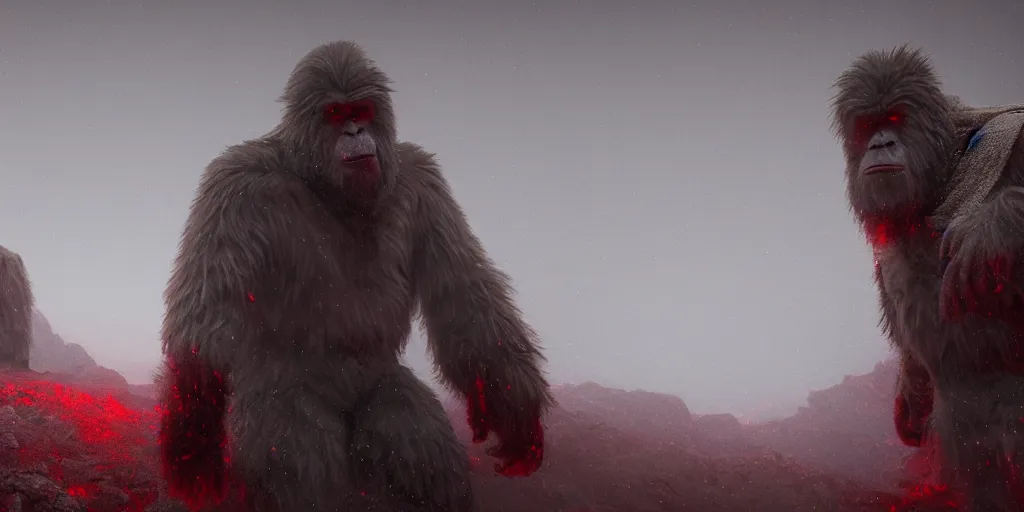 Prompt: the end is near. a tired yeti and bigfoot standing in the atlas mountains. face is highly detailed. splices of red are running down his toga. mist. color scheme red. low angle close shot. atmospheric. global illumination. unreal engine render. imagined by jeremy lipking